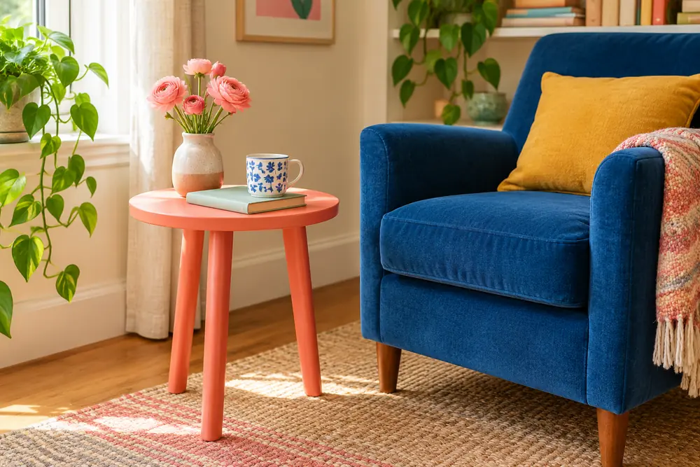 Coral side table beside a blue living room armchair.