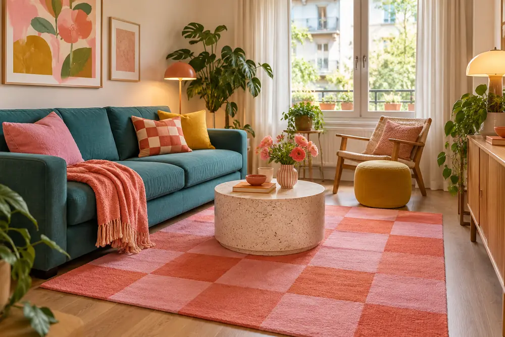 Dopamine decor living room with a pink and coral checked rug and teal sofa.