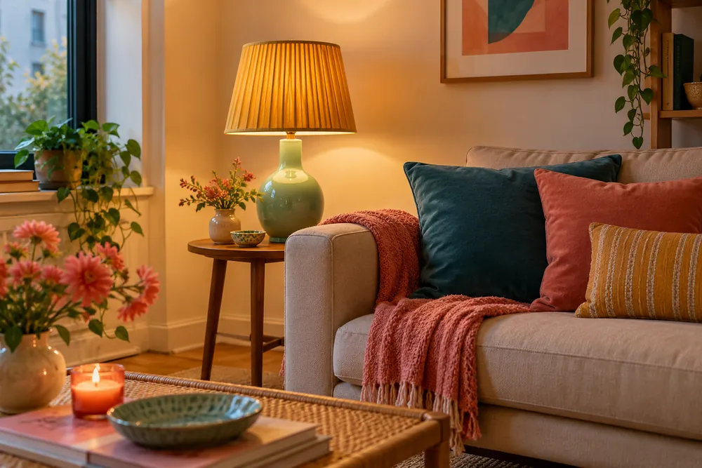 Mint ceramic lamp with a mustard pleated shade beside a sofa.