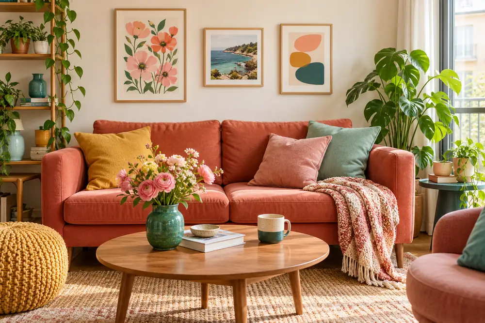 Three colorful framed pictures arranged above a coral sofa.