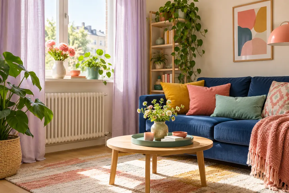 Lilac curtains beside a deep blue sofa in natural daylight.