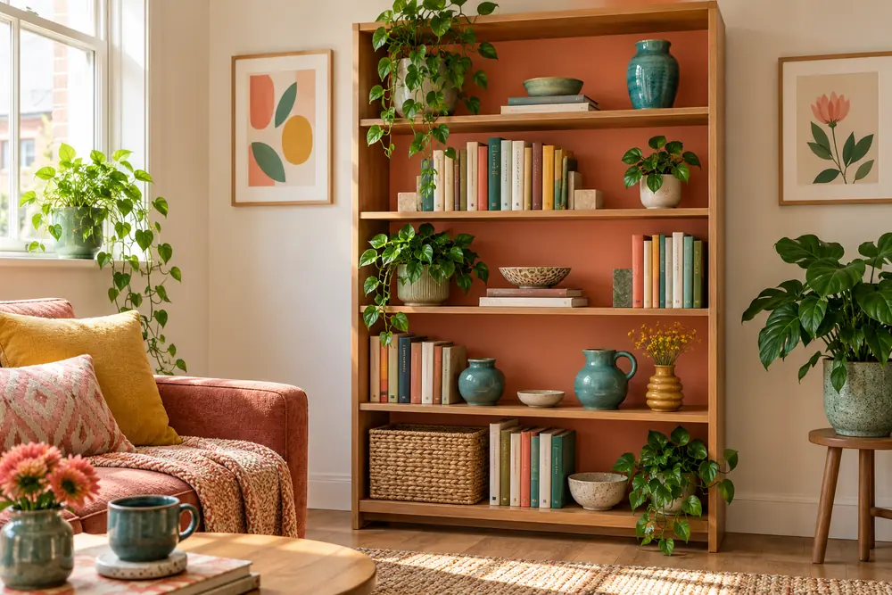Peach-backed bookcase displaying books and teal ceramic pieces.