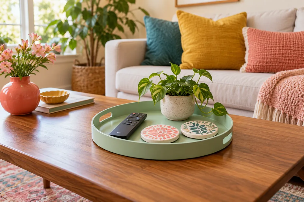 Mint tray holding remotes and coasters on a wooden coffee table.