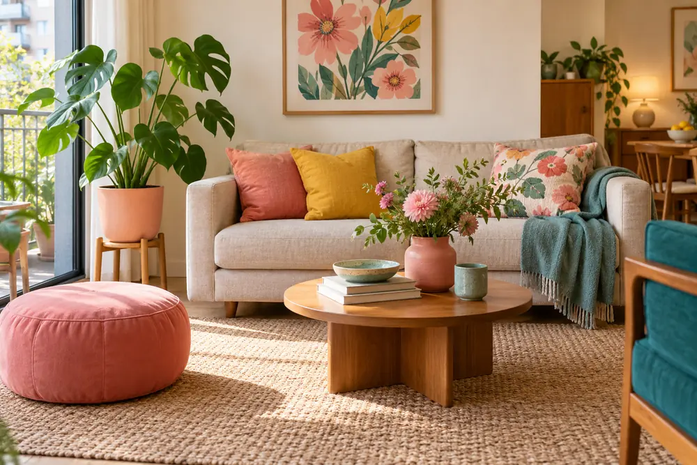 Pink accents repeated in a cushion, planter, and wall print.