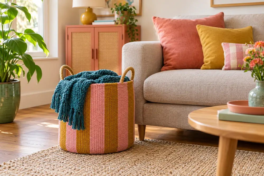 Striped blanket basket holding a teal throw beside the sofa.