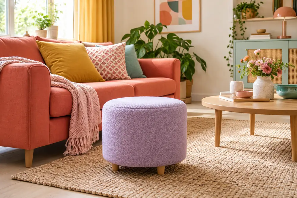 Round lilac ottoman in front of a coral sofa with a clear passage.