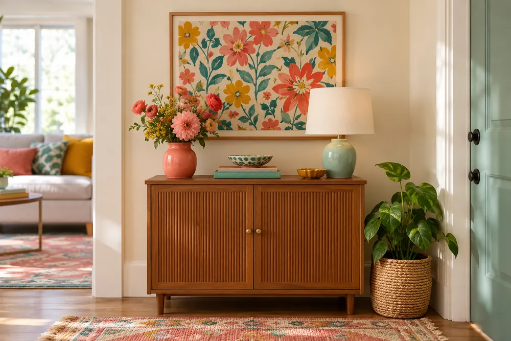 Colorful floral fabric displayed in a frame above a wooden cabinet.