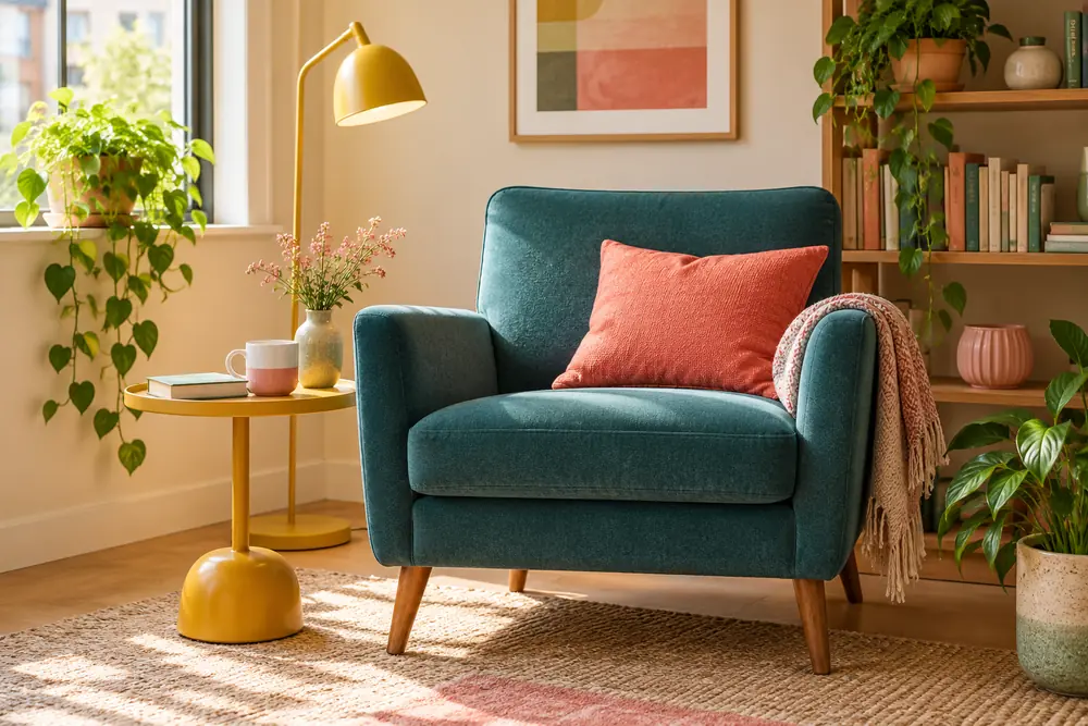 Teal reading chair with a coral cushion, lamp, and reachable side table.