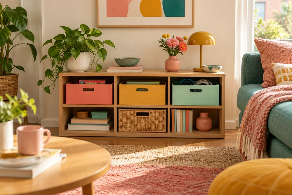 Coral, mint, and mustard storage boxes on a low living room shelf.