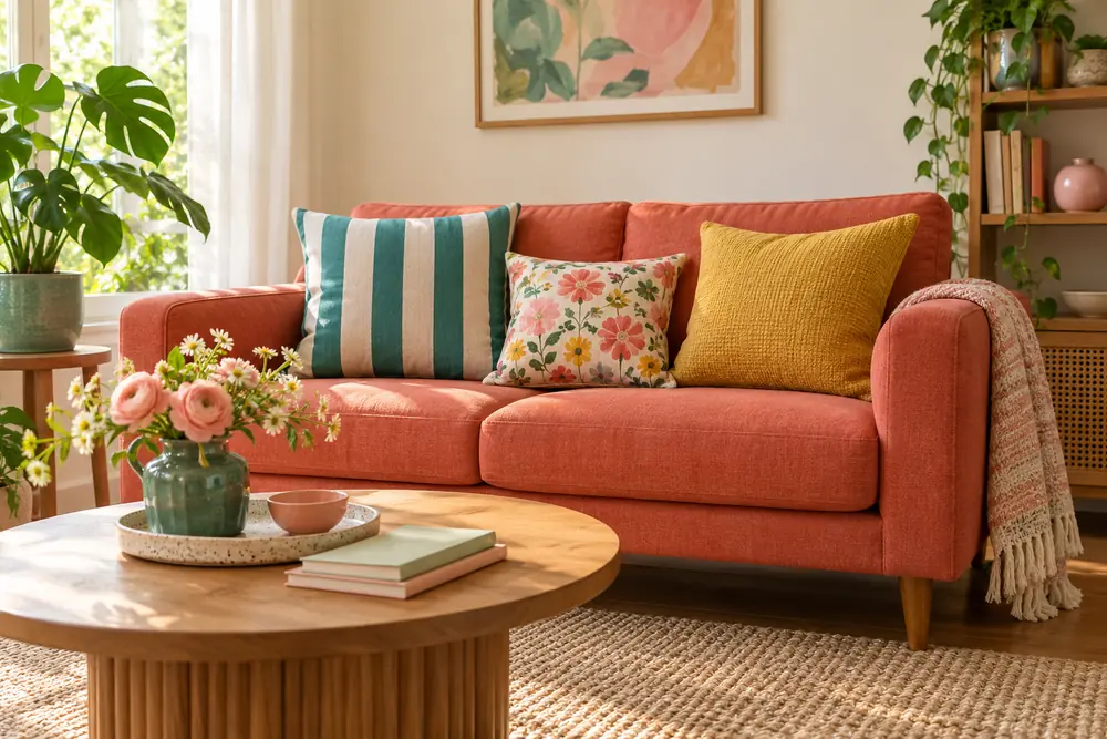 Three different cushions combining stripes, floral pattern, and mustard texture.