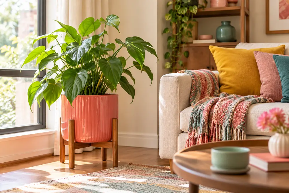Leafy plant in a coral pot beside a living room window.