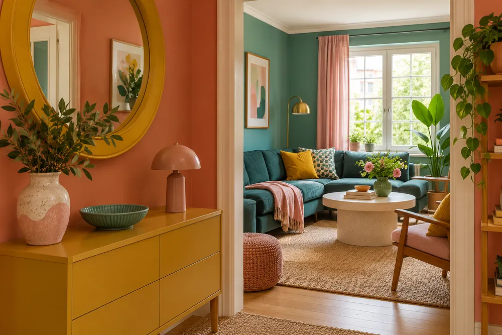 Mustard accents connecting a colorful entryway with the living room beyond.