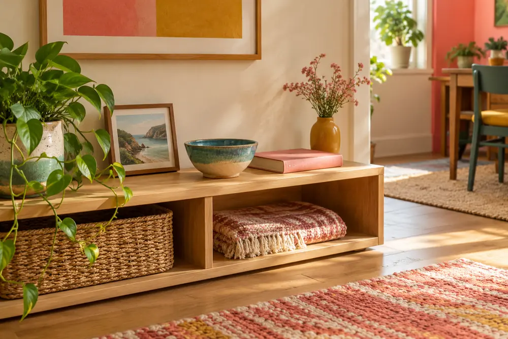Personal ceramic bowl, landscape photograph, and book on a low shelf.