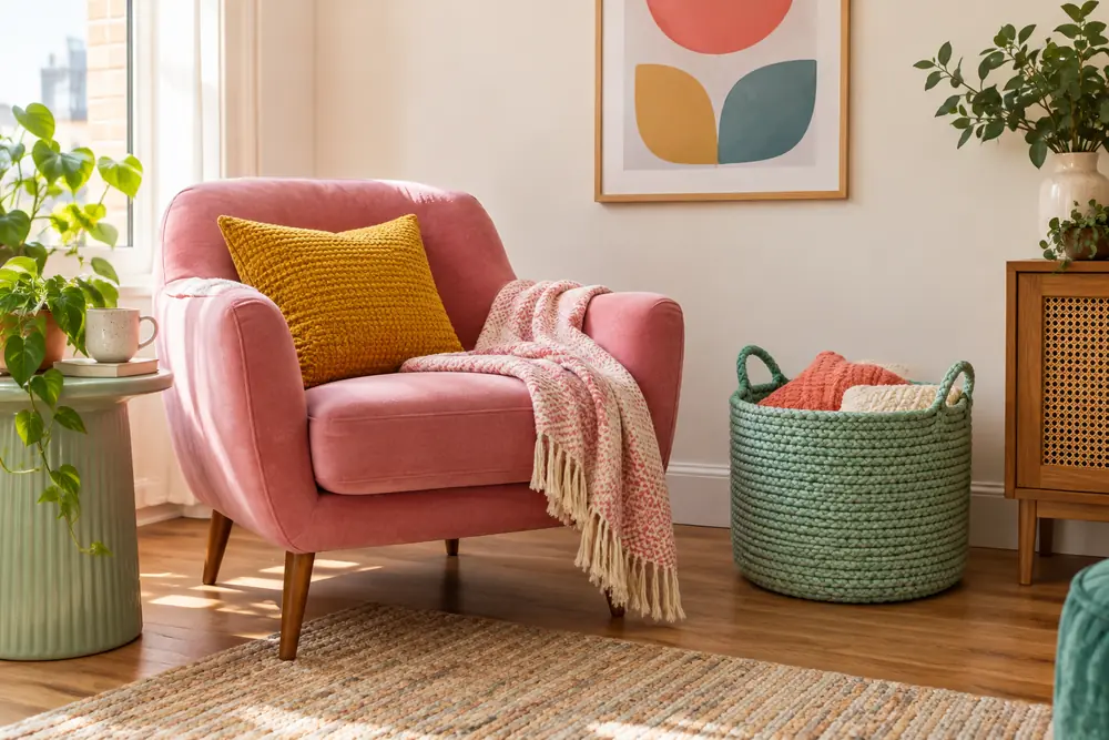 Pink chair and mint basket making a compact living room corner useful.