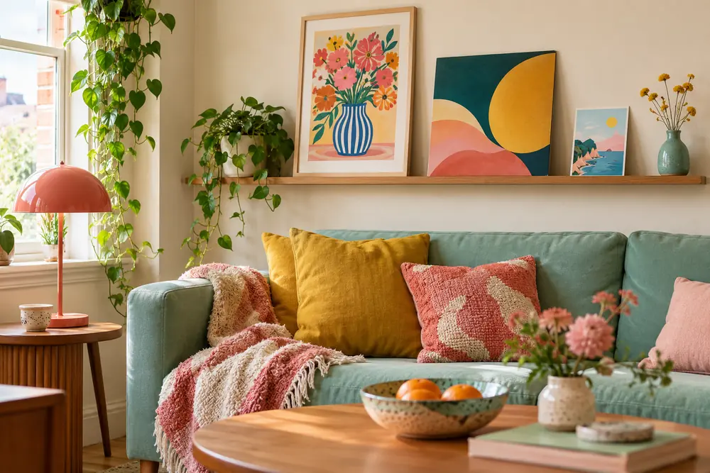Rotating picture ledge with a colorful drawing, record sleeve, and postcard.