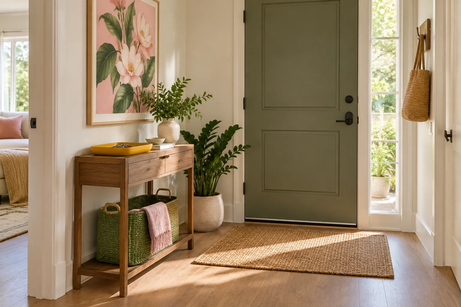 Leaf Green, Blush, and Mustard accessories and furniture in a small entryway
