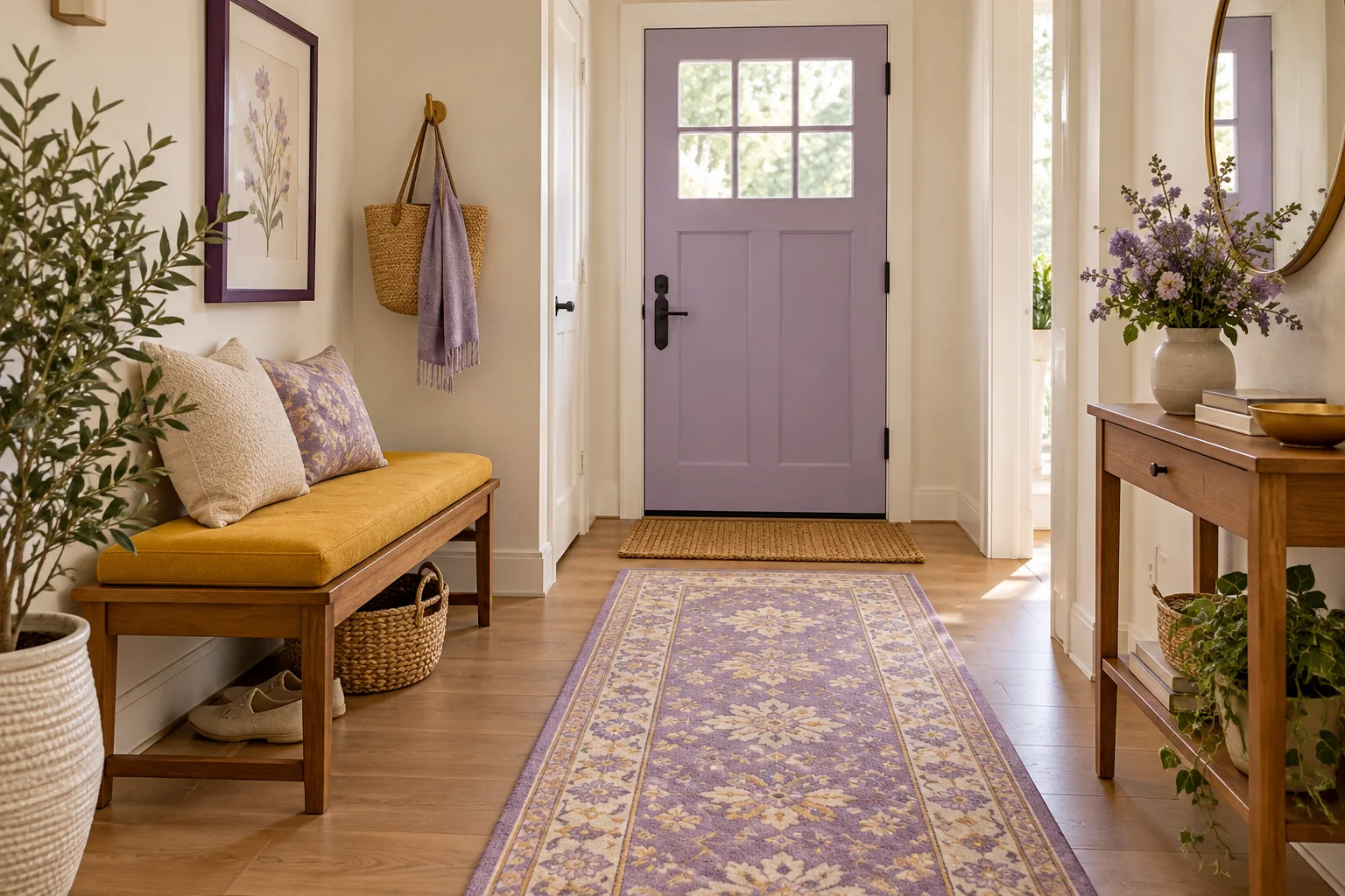 Lavender, Mustard, and Soft White accessories and furniture in a small entryway