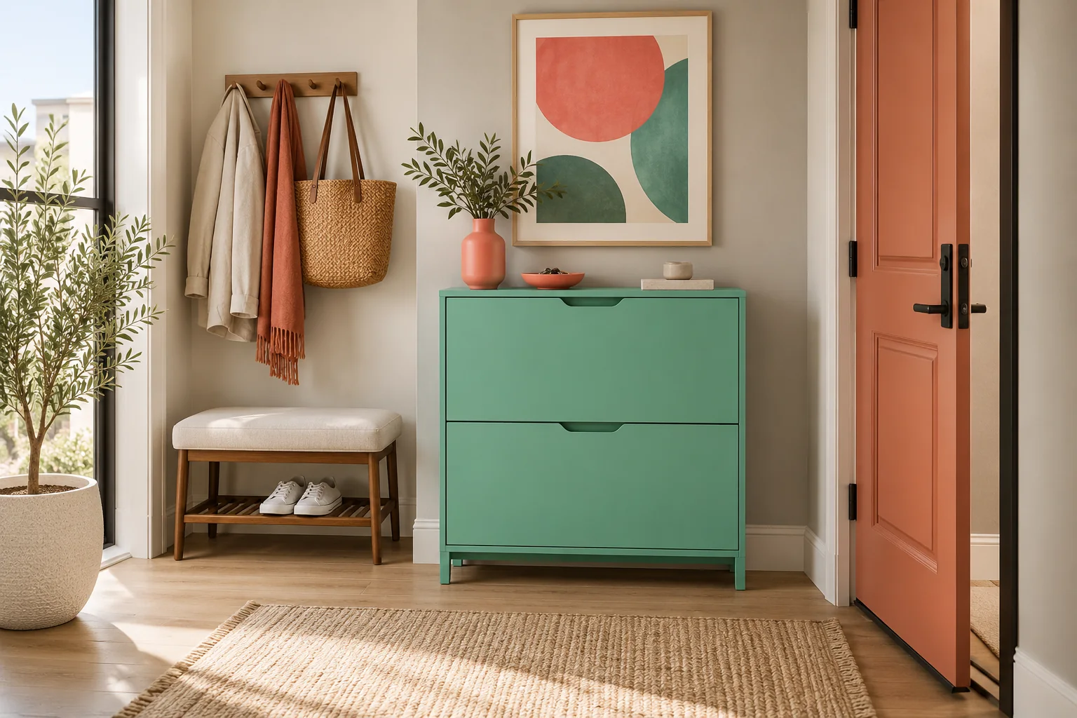 Mint, Coral, and Warm Grey accessories and furniture in a small entryway