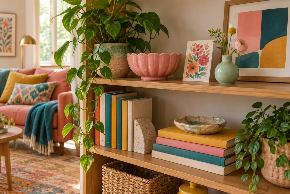Dopamine decor trend details with a pink bowl, mint vase, and personal artwork.