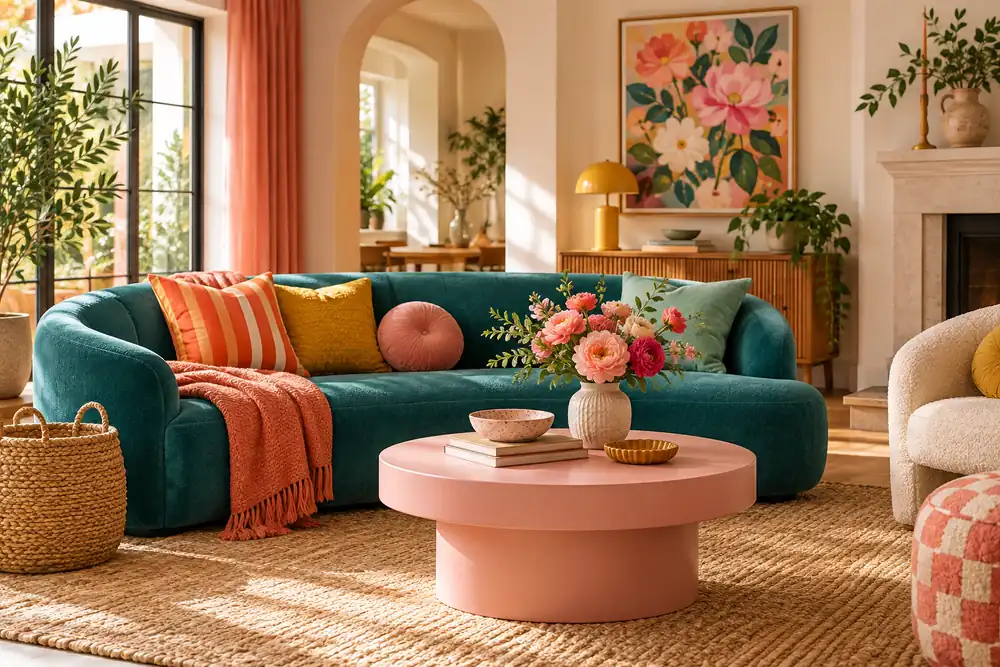 Teal sofa with pink table, striped cushion, woven basket, and floral art.