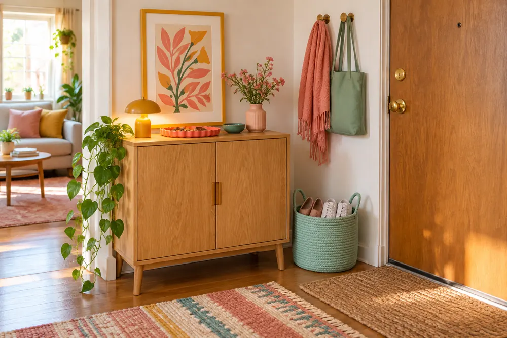Oak entryway cabinet with coral key tray, mustard frame, and mint basket.