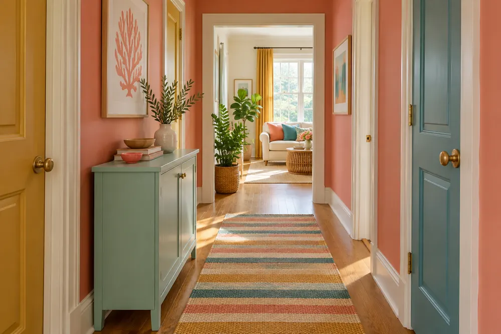 Shallow mint cabinet and flat striped runner keeping a narrow hallway usable.