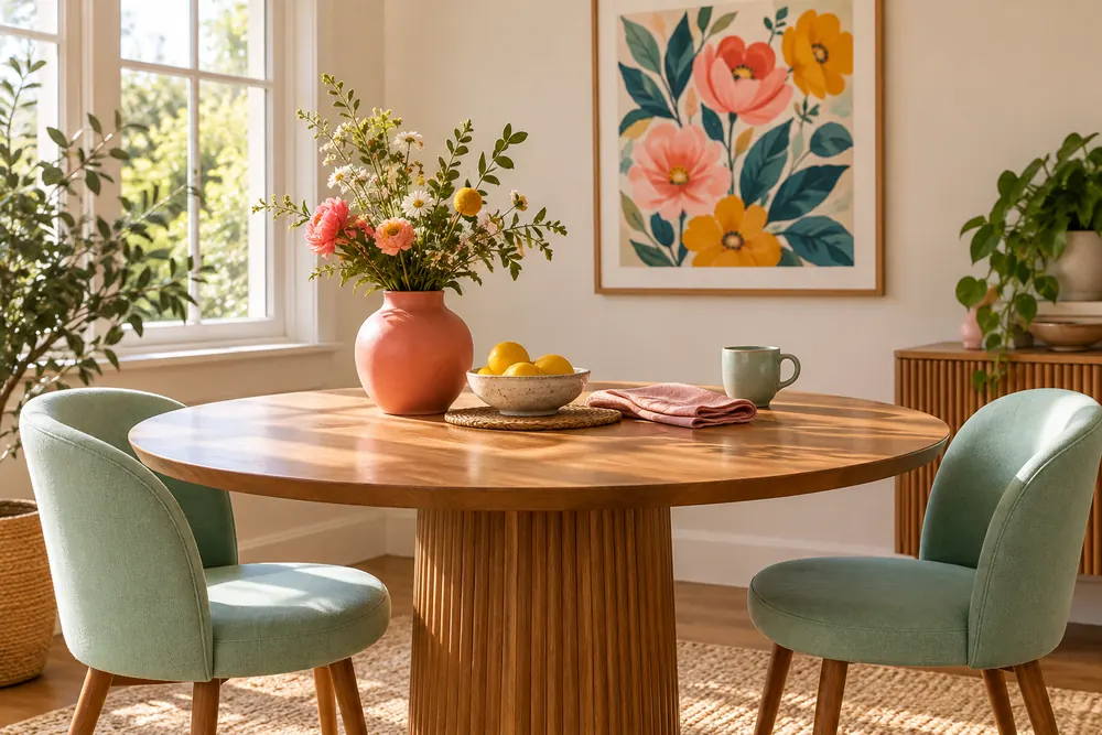 Wooden dining table with coral vase, mint chairs, and a floral print.