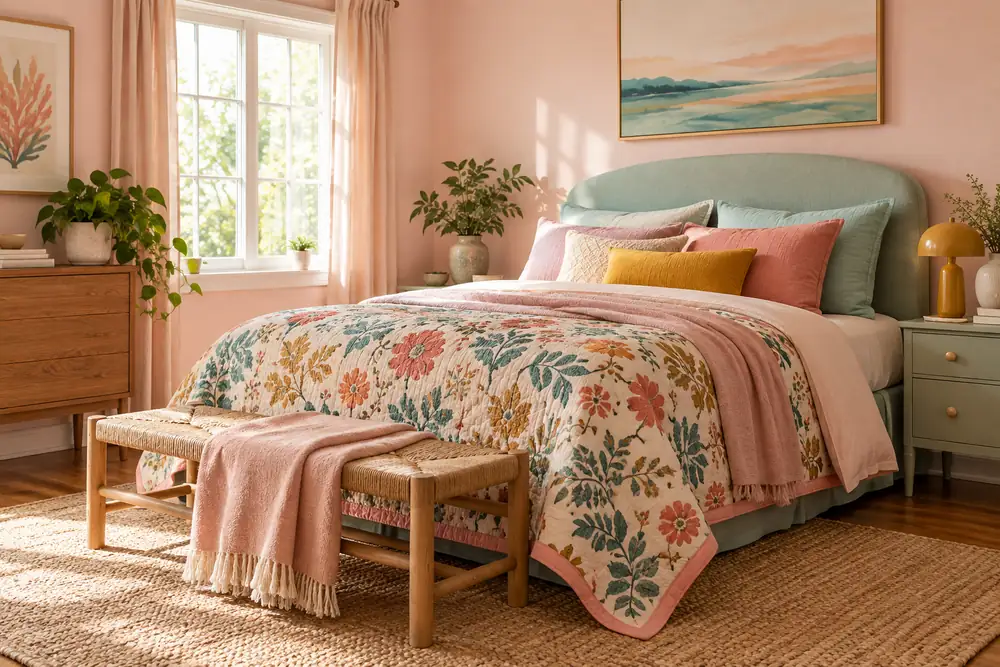 Soft pink and mint bedroom with a patterned quilt and mustard lamp.