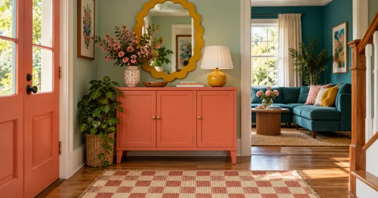 Dopamine decor trend styling with a coral cabinet, mustard mirror, and mint wall.