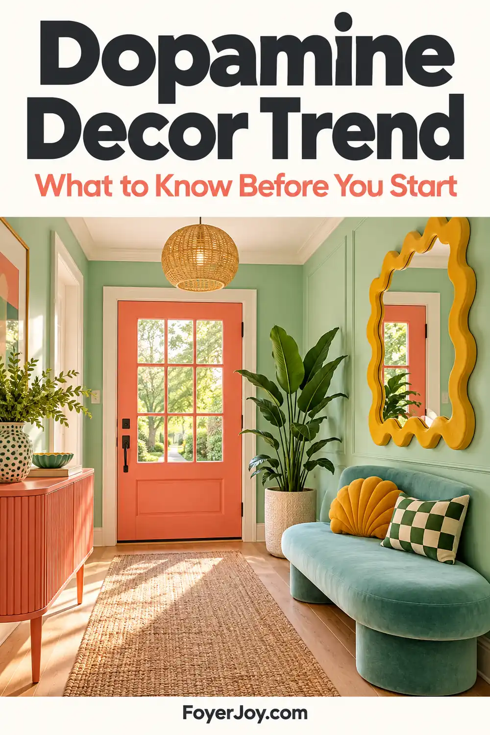 Pinterest cover titled “Dopamine Decor Trend” showing a coral-and-mint entryway.