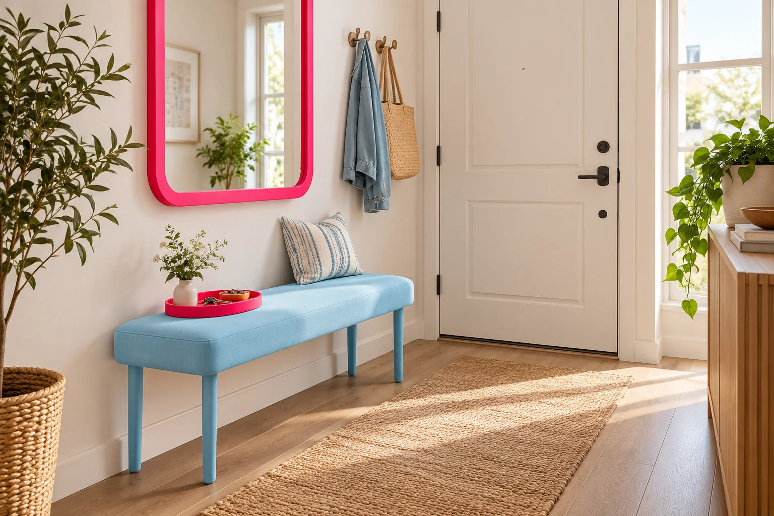 Hot Pink, Sky Blue, and Soft White accessories and furniture in a small entryway