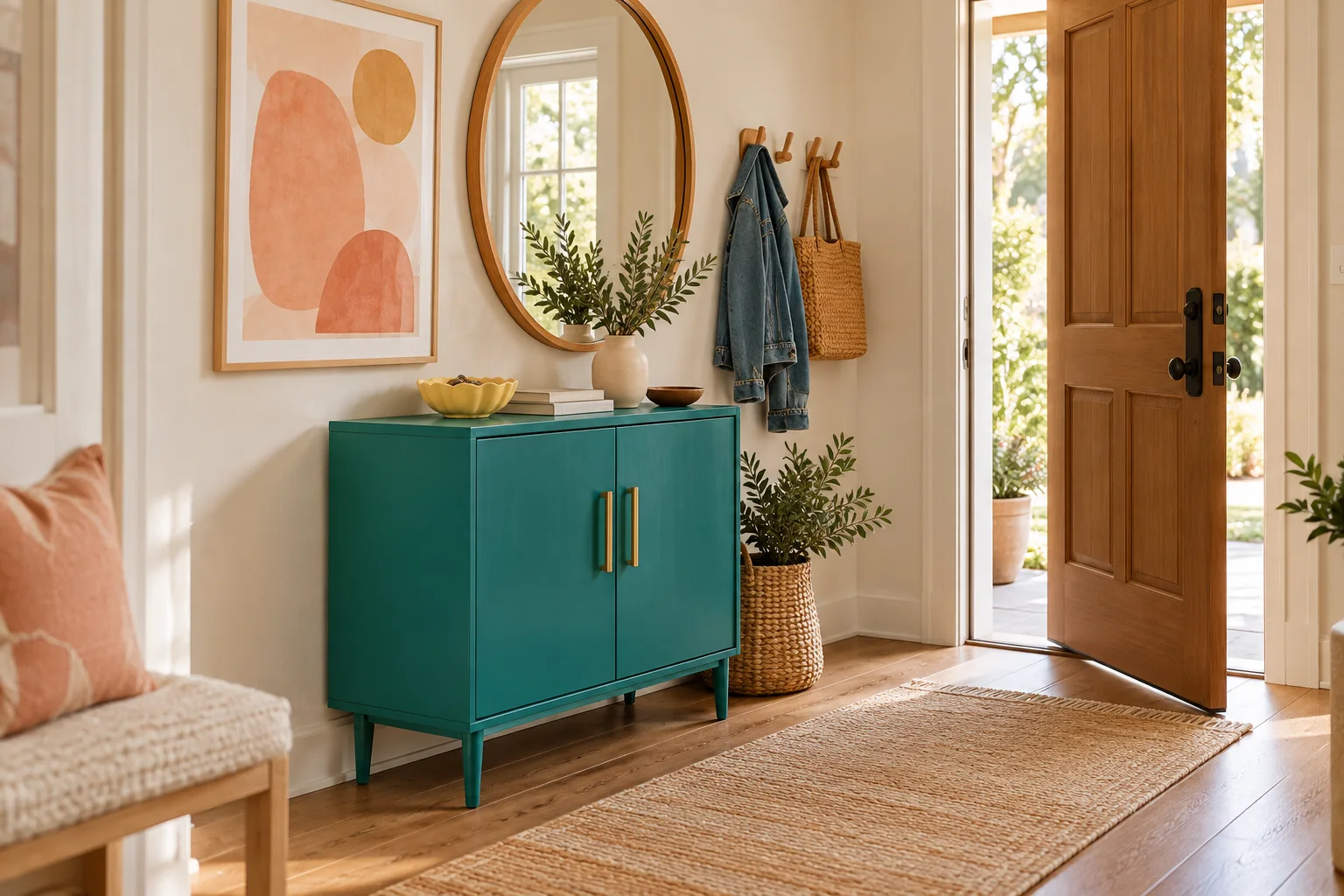 Teal, Peach, and Butter Yellow accessories and furniture in a small entryway